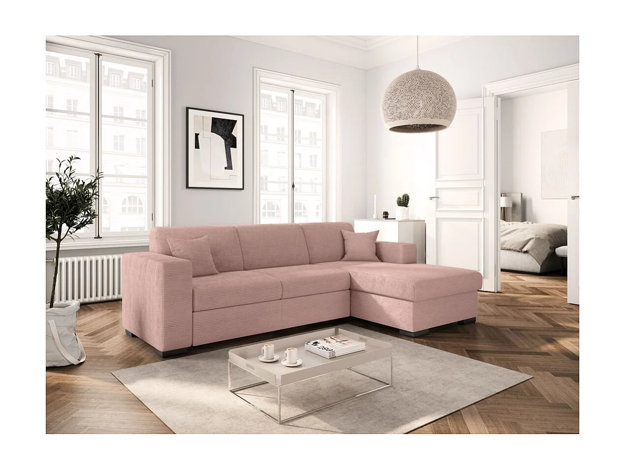 Canapé d'angle droit 4 places Fuji XL convertible avec coffre en velours côtelé - Vieux rose - L262 x P157 x H83cm - Loungitude