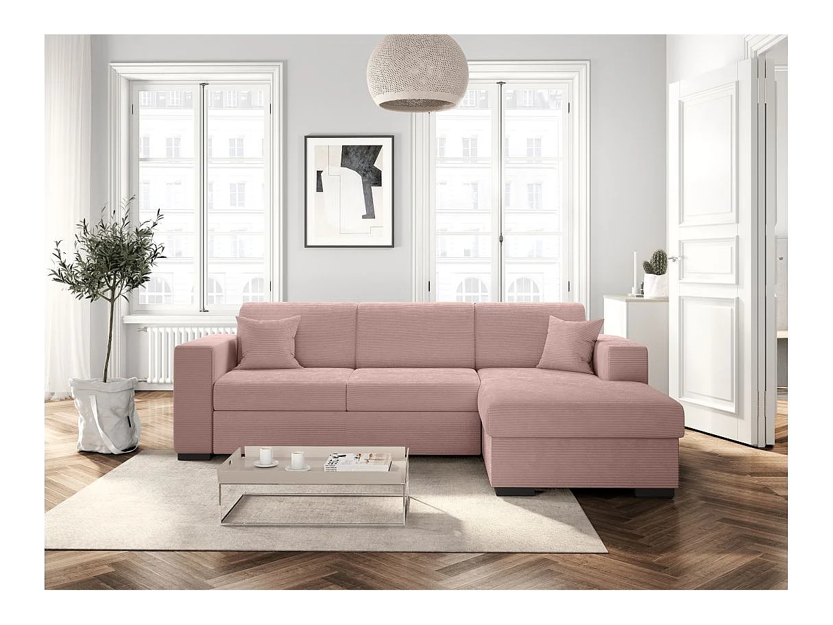 Canapé d'angle droit 4 places Fuji XL convertible avec coffre en velours côtelé - Vieux rose - L262 x P157 x H83cm - Loungitude