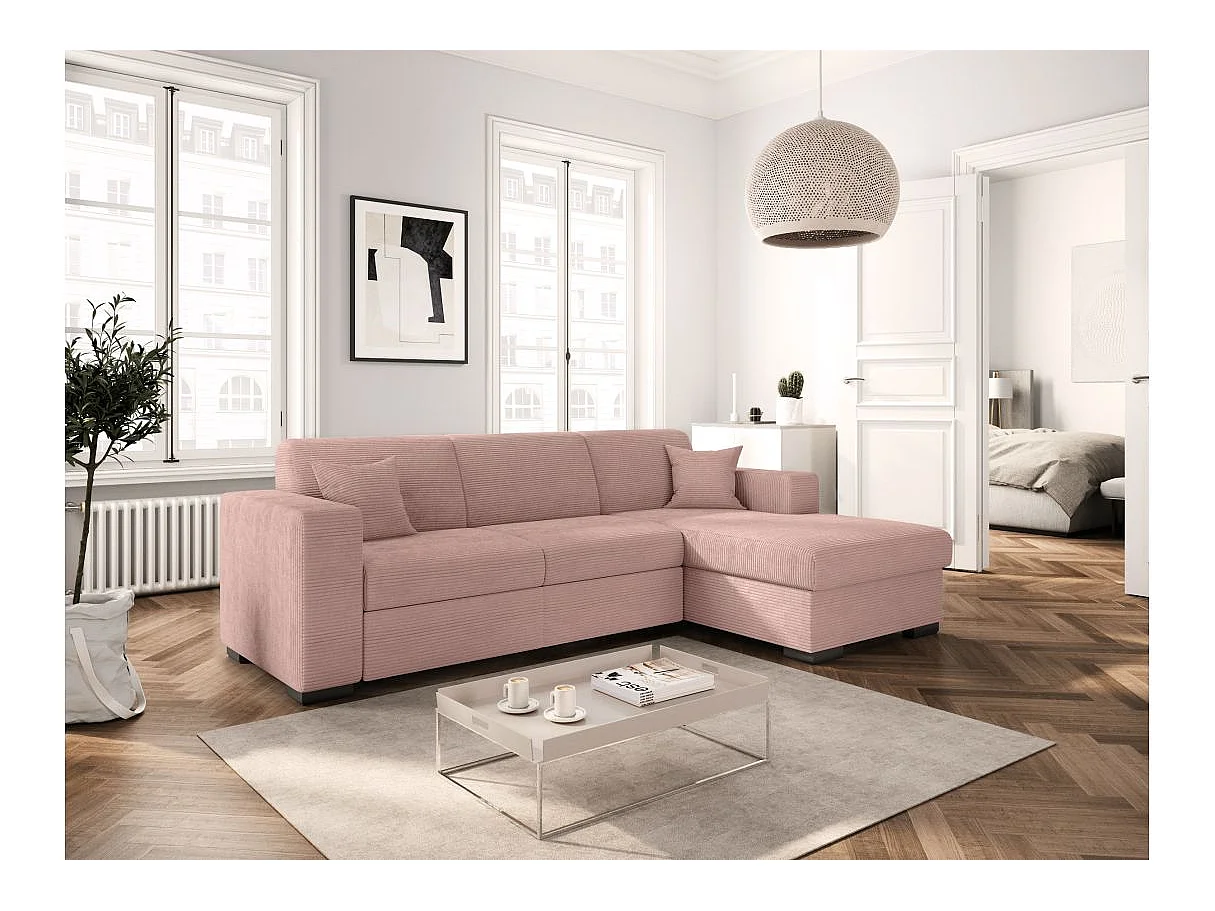 Canapé d'angle droit 4 places Fuji XL convertible avec coffre en velours côtelé - Vieux rose - L262 x P157 x H83cm - Loungitude