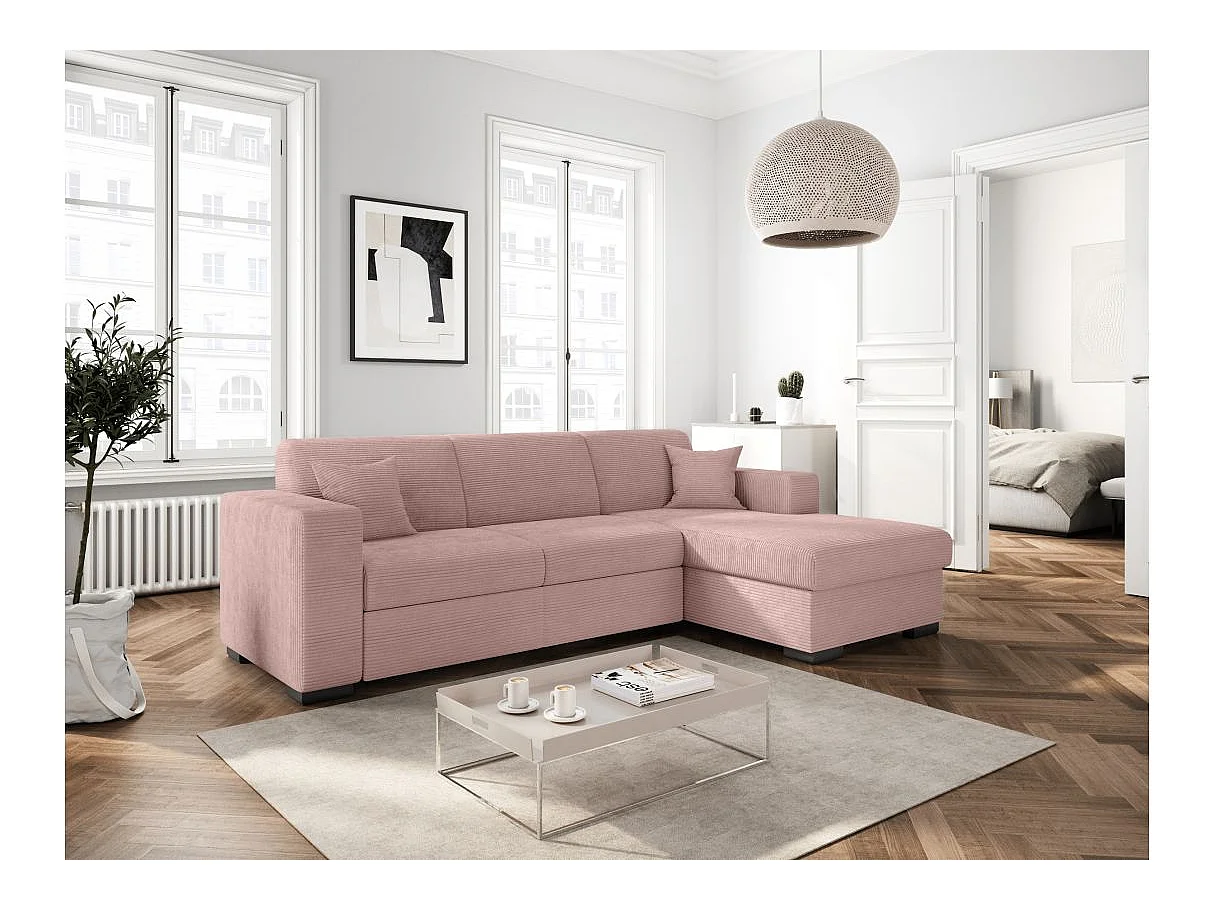Canapé d'angle droit 4 places Fuji XL convertible avec coffre en velours côtelé - Vieux rose - L262 x P157 x H83cm - Loungitude