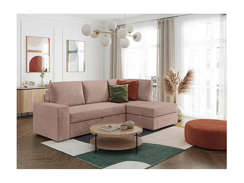 Canapé d'angle droit 3 places convertible Aden avec coffre en velours côtelé - Vieux rose - L246 x P174 x H96cm - Loungitude