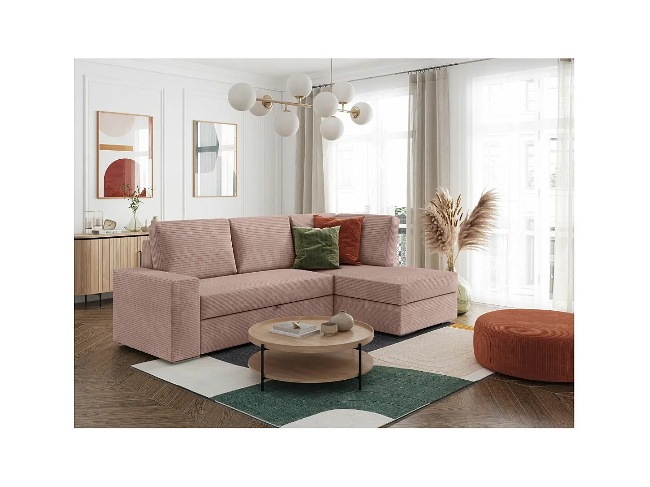 Canapé d'angle droit 3 places convertible Aden avec coffre en velours côtelé - Vieux rose - L246 x P174 x H96cm - Loungitude