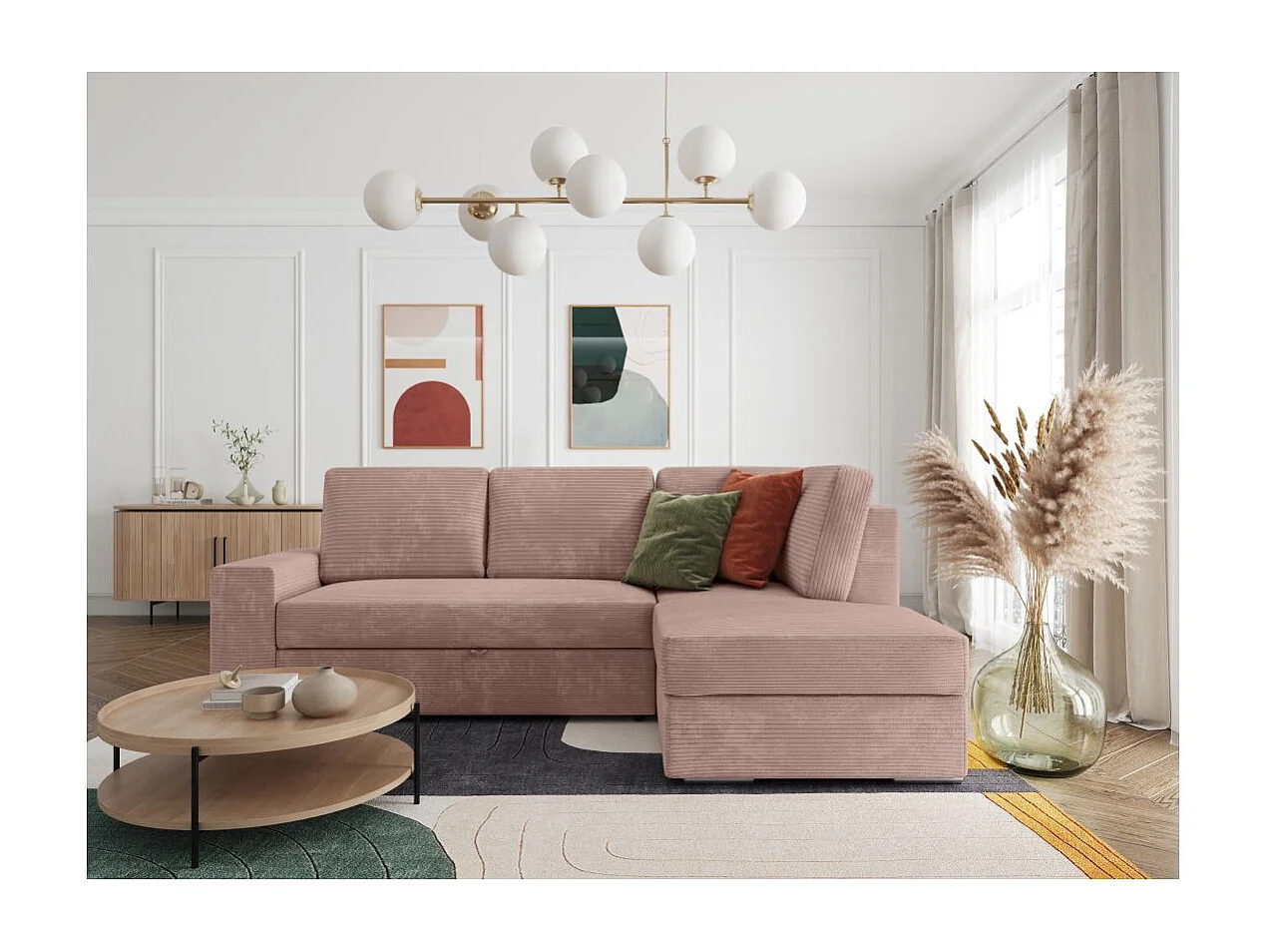 Canapé d'angle droit 3 places convertible Aden avec coffre en velours côtelé - Vieux rose - L246 x P174 x H96cm - Loungitude