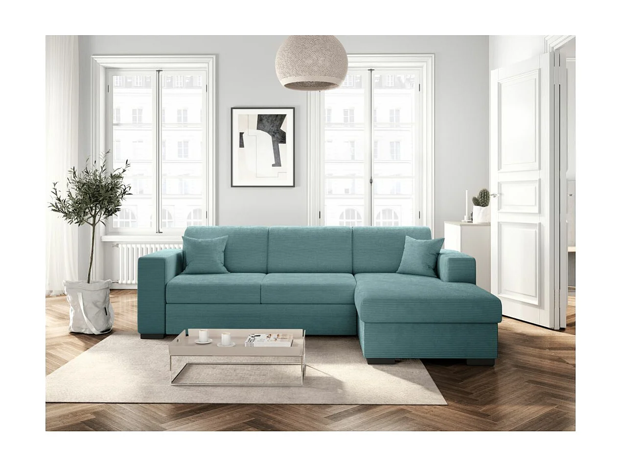Canapé d'angle droit 4 places Fuji XL convertible avec coffre en velours côtelé - Bleu clair - L262 x P157 x H83cm - Loungitude