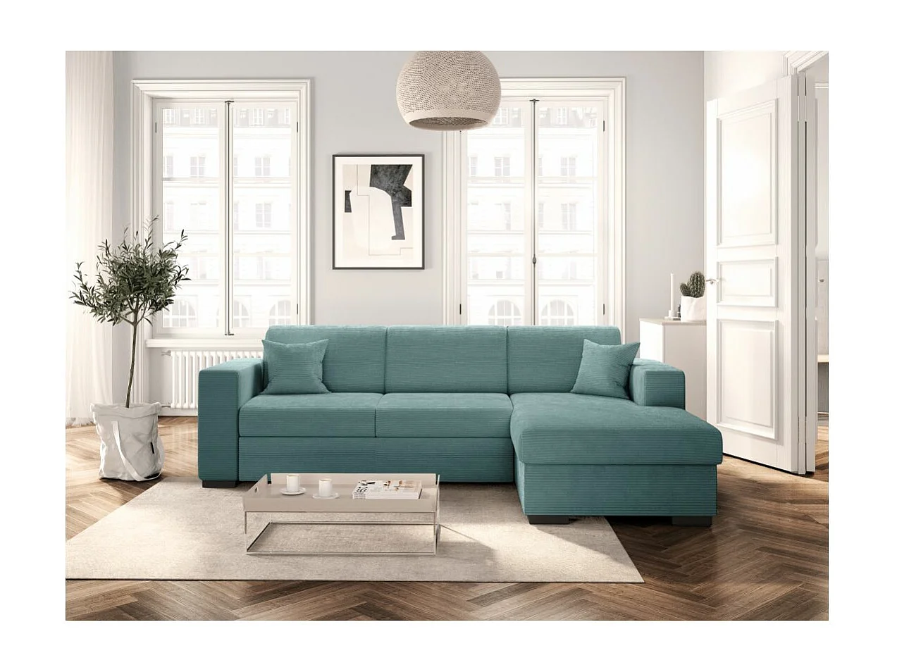 Canapé d'angle droit 4 places Fuji XL convertible avec coffre en velours côtelé - Bleu clair - L262 x P157 x H83cm - Loungitude