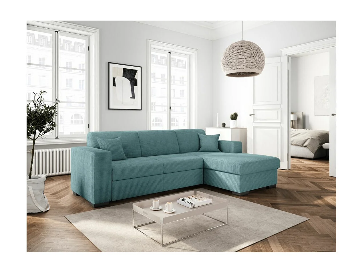 Canapé d'angle droit 4 places Fuji XL convertible avec coffre en velours côtelé - Bleu clair - L262 x P157 x H83cm - Loungitude