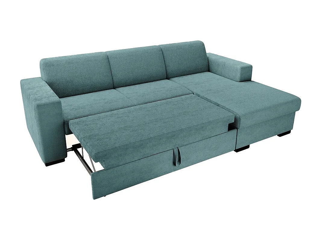 Canapé d'angle droit 4 places Fuji XL convertible avec coffre en velours côtelé - Bleu clair - L262 x P157 x H83cm - Loungitude