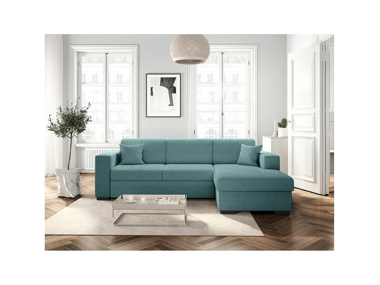 Canapé d'angle droit 4 places Fuji XL convertible avec coffre en velours côtelé - Bleu clair - L262 x P157 x H83cm - Loungitude