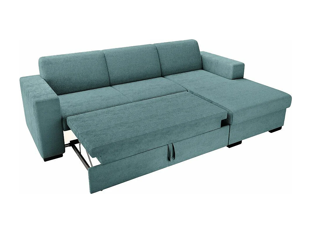 Canapé d'angle droit 4 places Fuji XL convertible avec coffre en velours côtelé - Bleu clair - L262 x P157 x H83cm - Loungitude