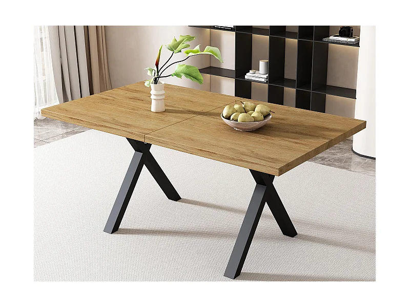 Table à manger rectangulaire - pieds en forme de X en fer forgé - Naturel