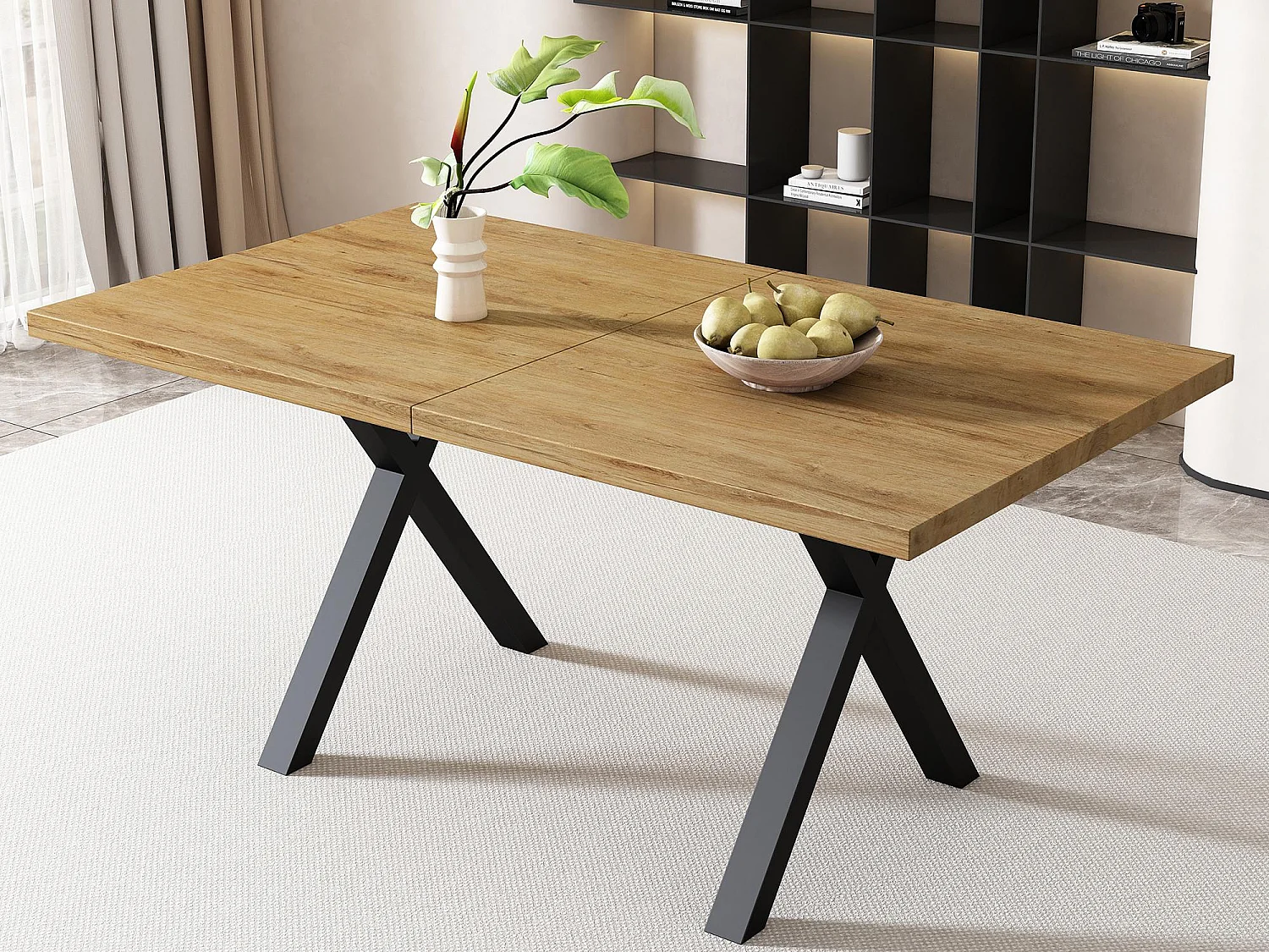 Table à manger rectangulaire - pieds en forme de X en fer forgé - Naturel