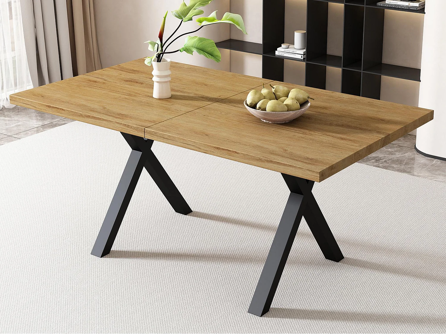 Table à manger rectangulaire - pieds en forme de X en fer forgé - Naturel