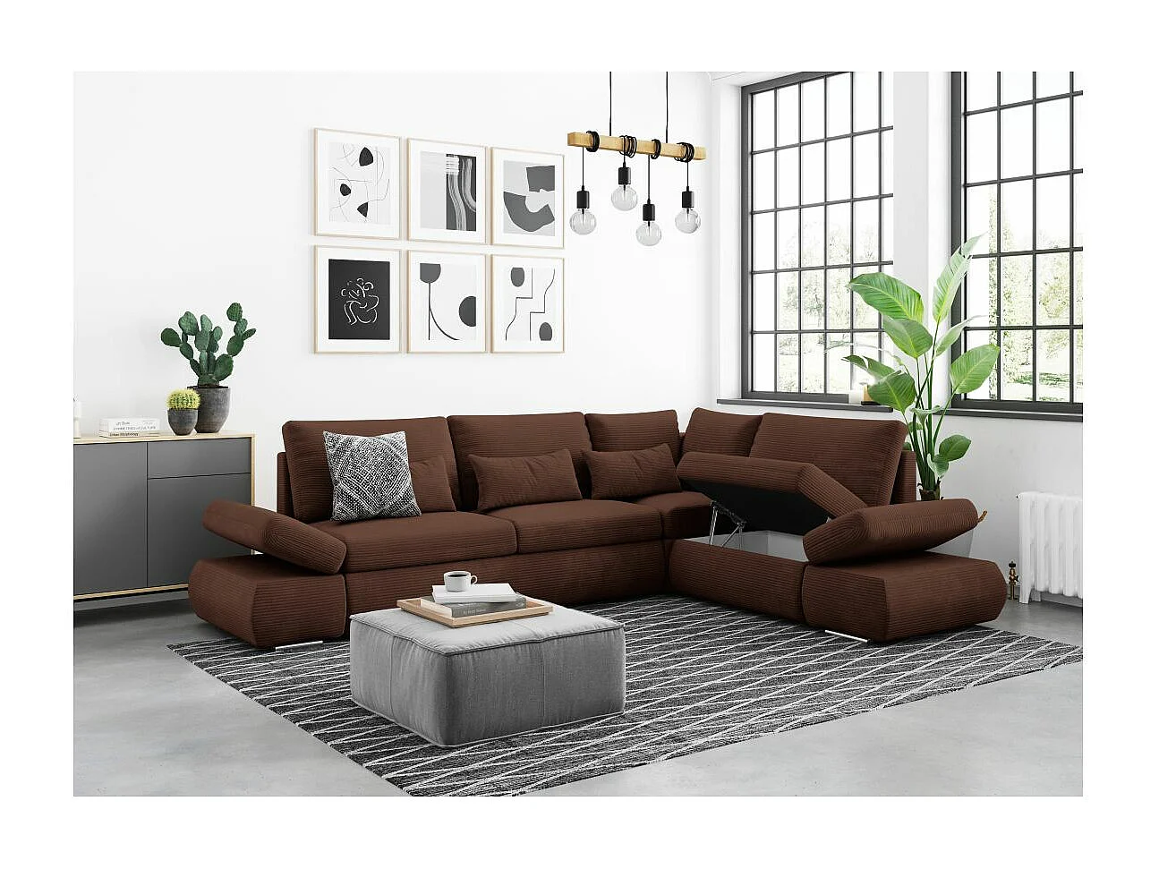 Canapé d'angle 4 places réversible Sebastian convertible avec coffre en velours côtelé - Marron - L267 x P200 x H90cm - Loungitude