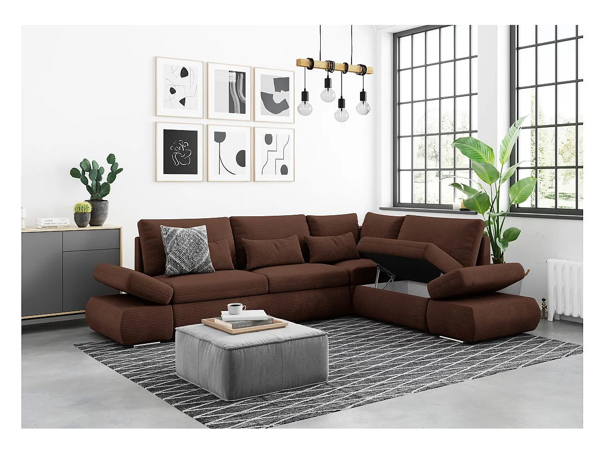 Canapé d'angle convertible 4 places avec coffre en velours marron