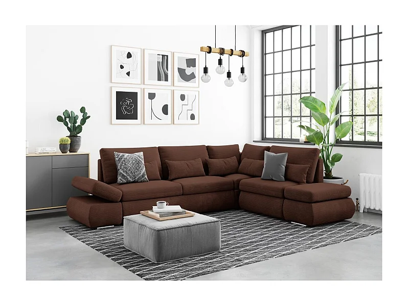 Canapé d'angle 4 places réversible Sebastian convertible avec coffre en velours côtelé - Marron - L267 x P200 x H90cm - Loungitude