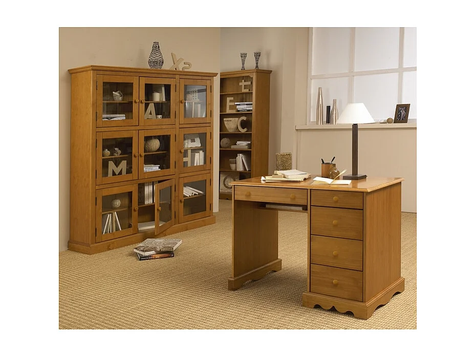 Bureau Pin Miel de Style Anglais 5 Tiroirs 1 Etagère L 100 H 74.7 P 58.3 cm
