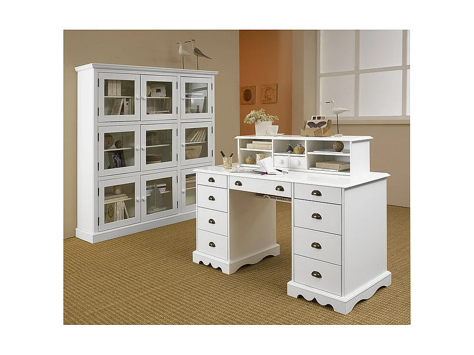 Bibliothèque Vitrine Blanche 9 Portes Vitrées Style Anglais L 163 H 170 P 37 cm