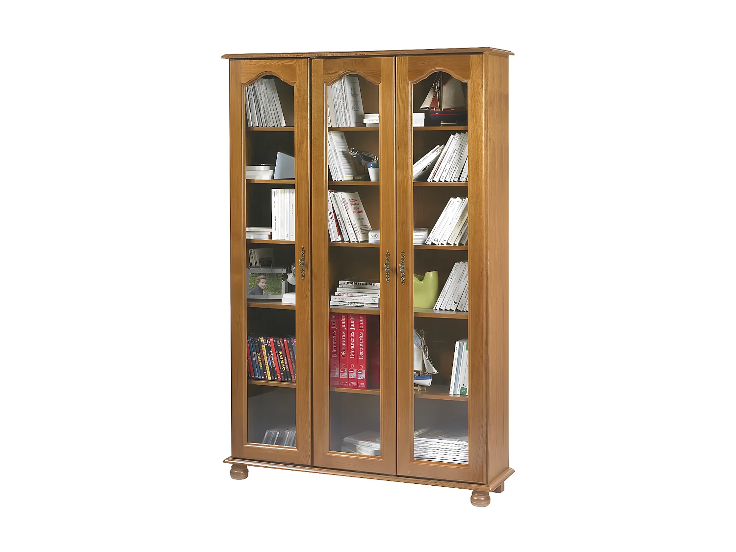 Vitrine Bibliothèque Chêne 3 Portes Vitrées 12 Niches L 120.6 H 182.2 P 33 cm