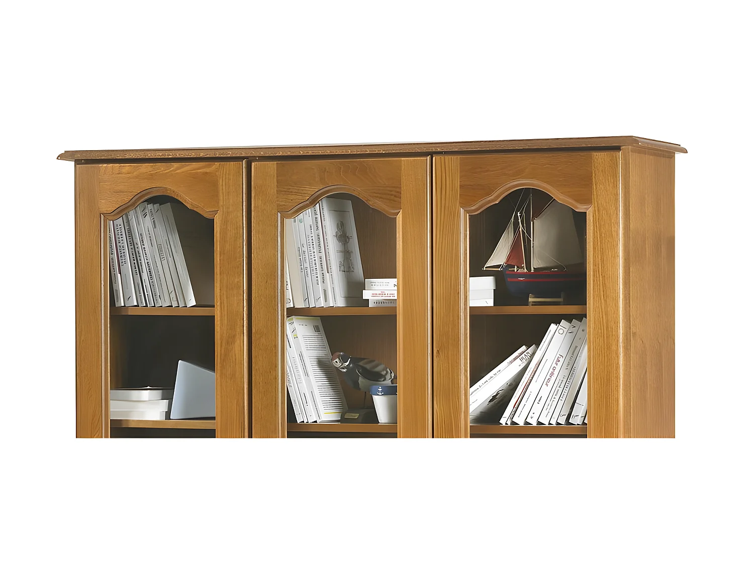 Vitrine Bibliothèque Chêne 3 Portes Vitrées 12 Niches L 120.6 H 182.2 P 33 cm