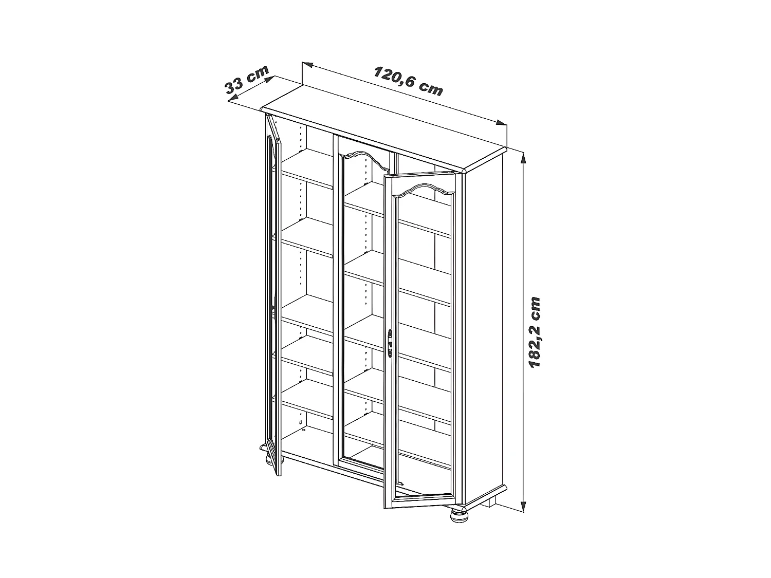 Vitrine Bibliothèque Chêne 3 Portes Vitrées 12 Niches L 120.6 H 182.2 P 33 cm