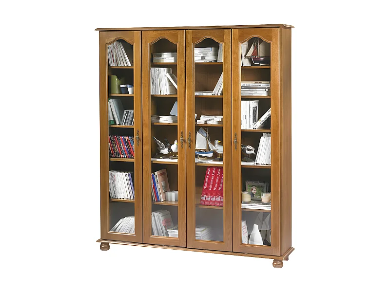 Vitrine Bibliothèque Chêne 4 Portes Vitrées 18 Niches L 158.8 H 182.2 P 33 cm