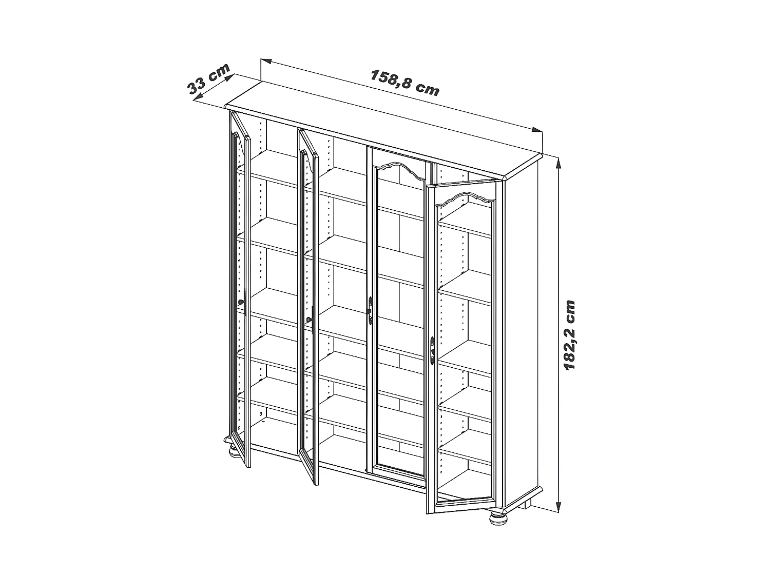 Vitrine Bibliothèque Chêne 4 Portes Vitrées 18 Niches L 158.8 H 182.2 P 33 cm