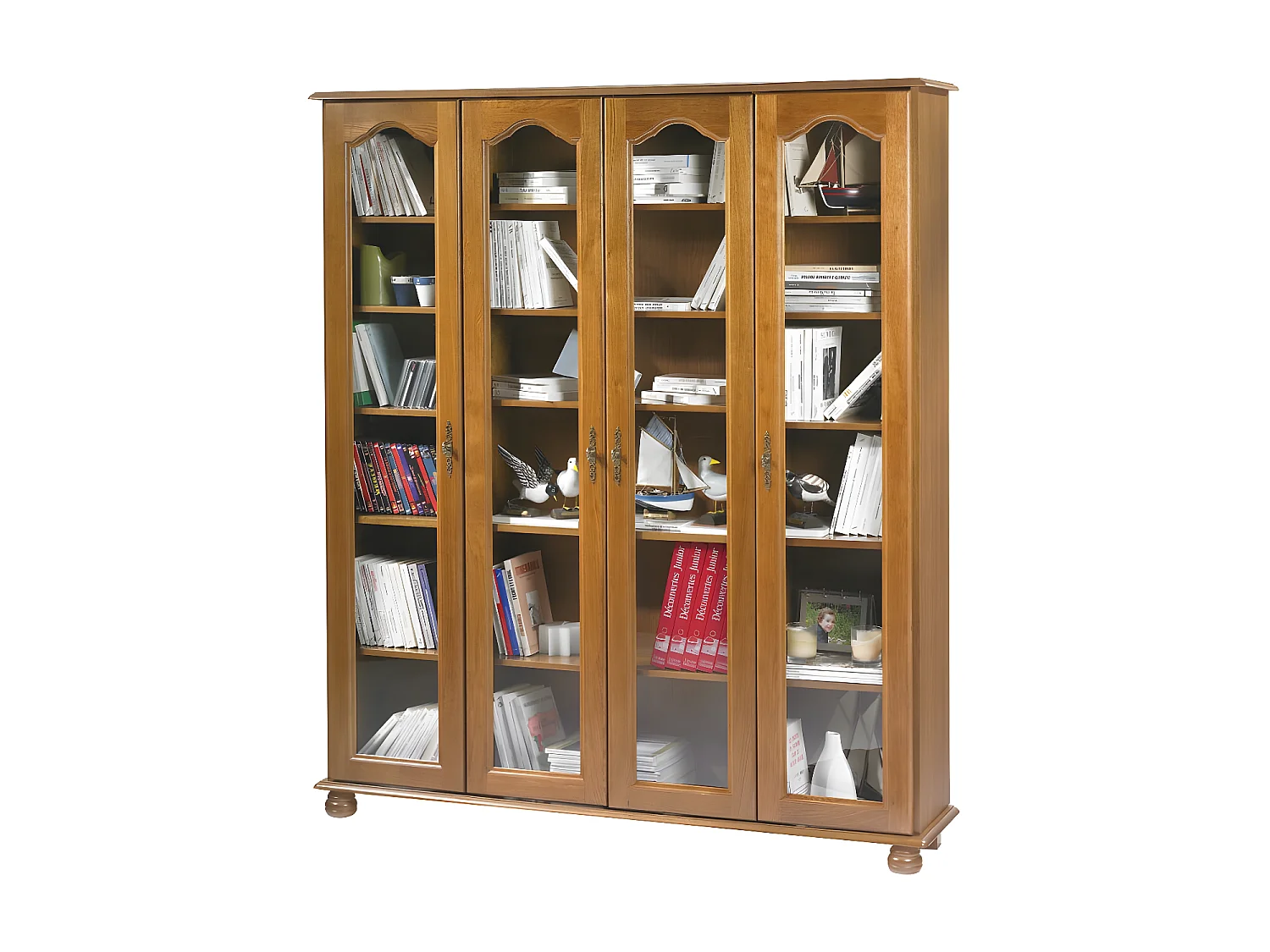 Vitrine Bibliothèque Chêne 4 Portes Vitrées 18 Niches L 158.8 H 182.2 P 33 cm