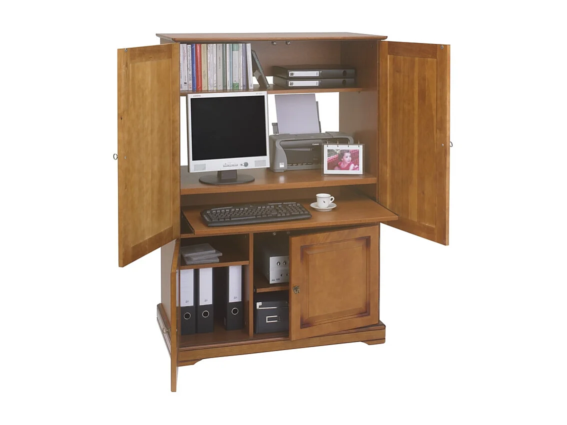 Armoire Informatique Merisier 4 Portes 7 Niches L 97 H 141 P 54 cm