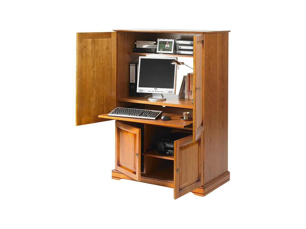 Armoire Informatique Merisier 4 Portes 7 Niches L 97 H 141 P 54 cm
