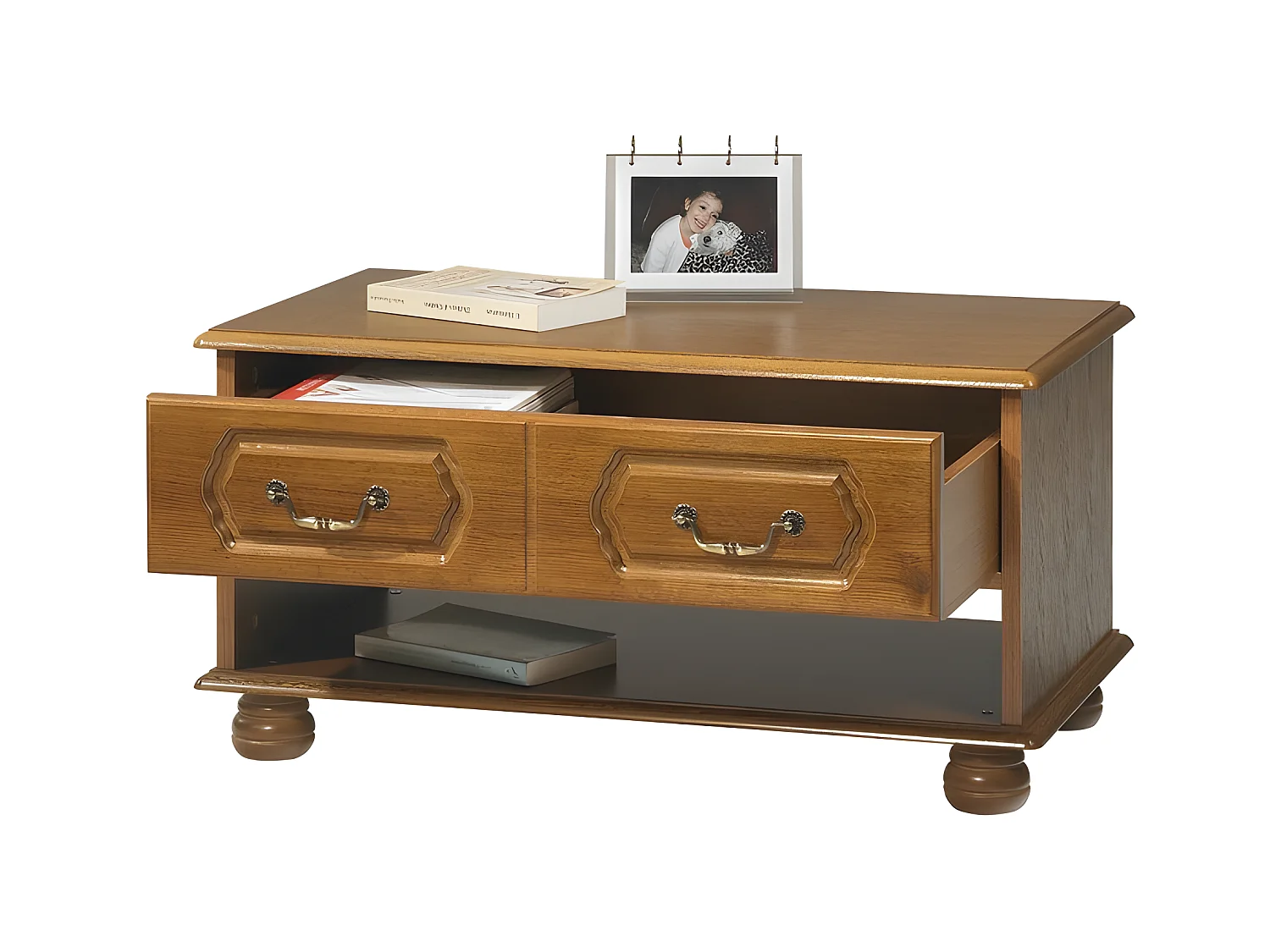 Table Basse Chêne Rustique Rectangle 2 Tiroirs 1 Niche L 82.4 H 42 P 46.5 cm