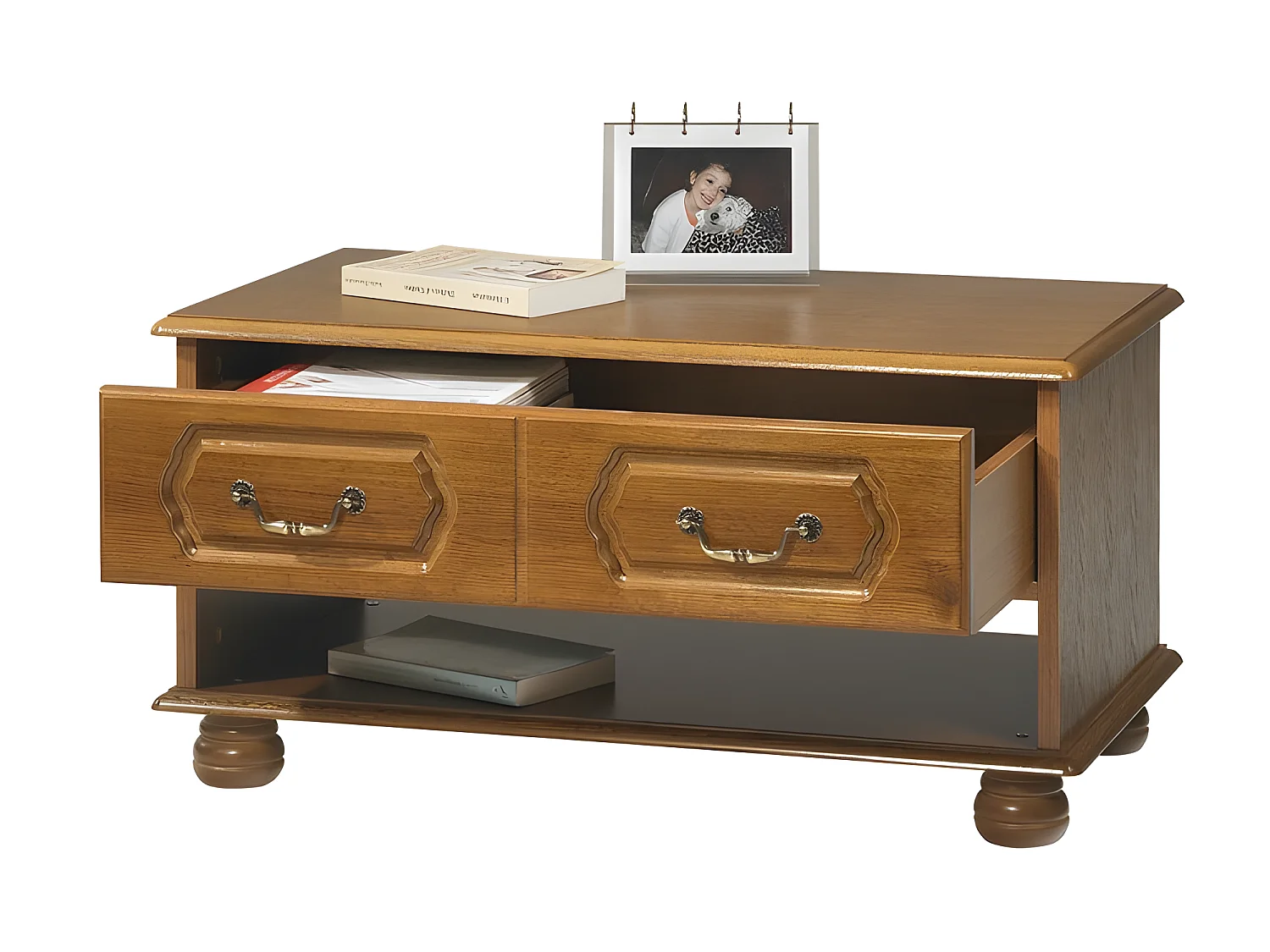 Table Basse Chêne Rustique Rectangle 2 Tiroirs 1 Niche L 82.4 H 42 P 46.5 cm