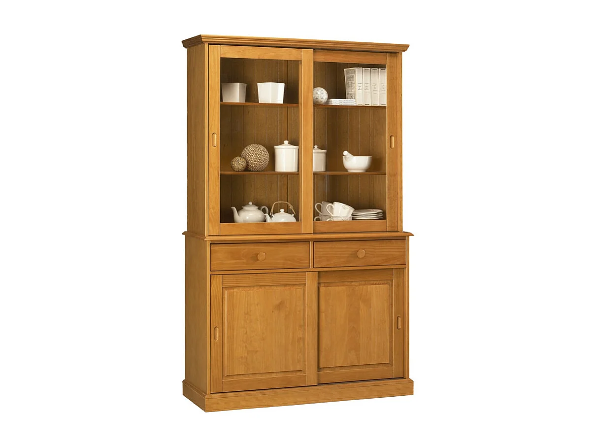 Vaisselier Pin Miel 4 Portes Coulissantes 2 Tiroirs L 121 H 198.8 P 42.3 cm