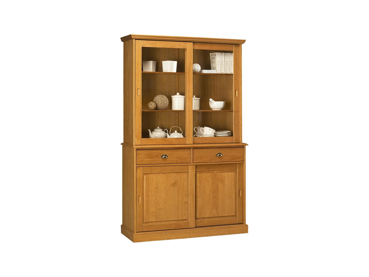 Vaisselier Pin Miel 4 Portes Coulissantes 2 Tiroirs L 121 H 198.8 P 42.3 cm
