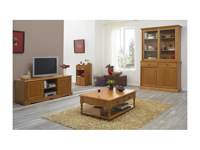 Vaisselier Pin Miel 4 Portes Coulissantes 2 Tiroirs L 121 H 198.8 P 42.3 cm