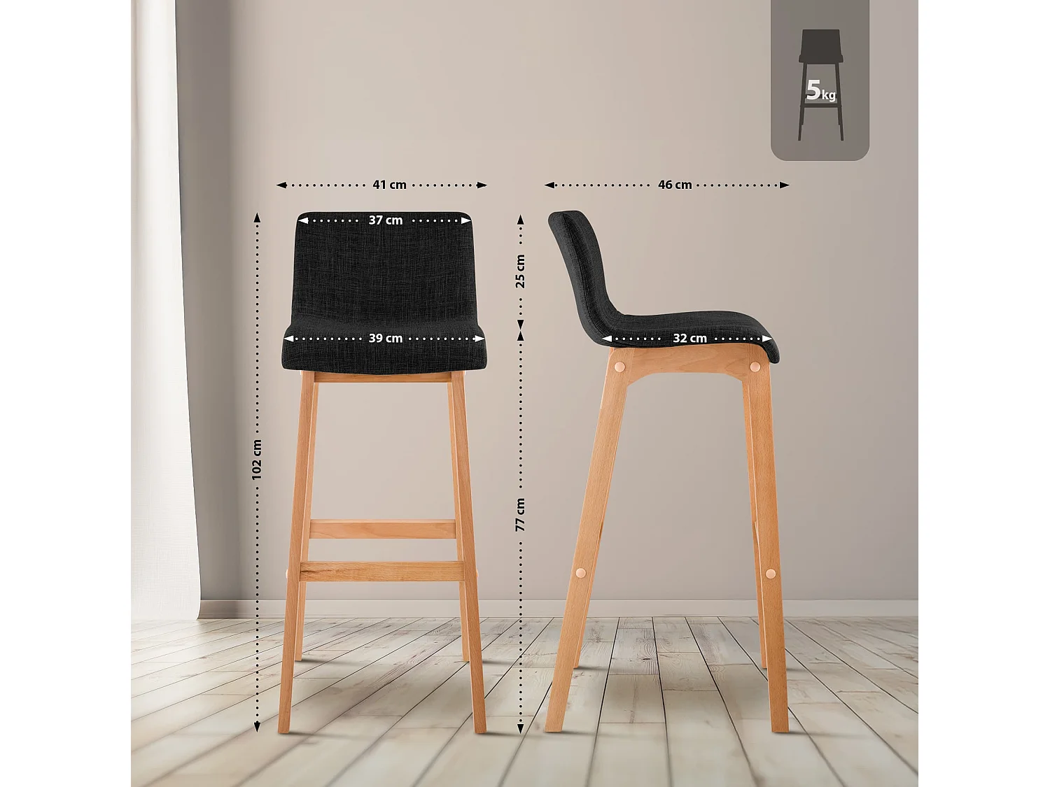 Tabouret de bar - Tissu - Gris foncé - Hoover
