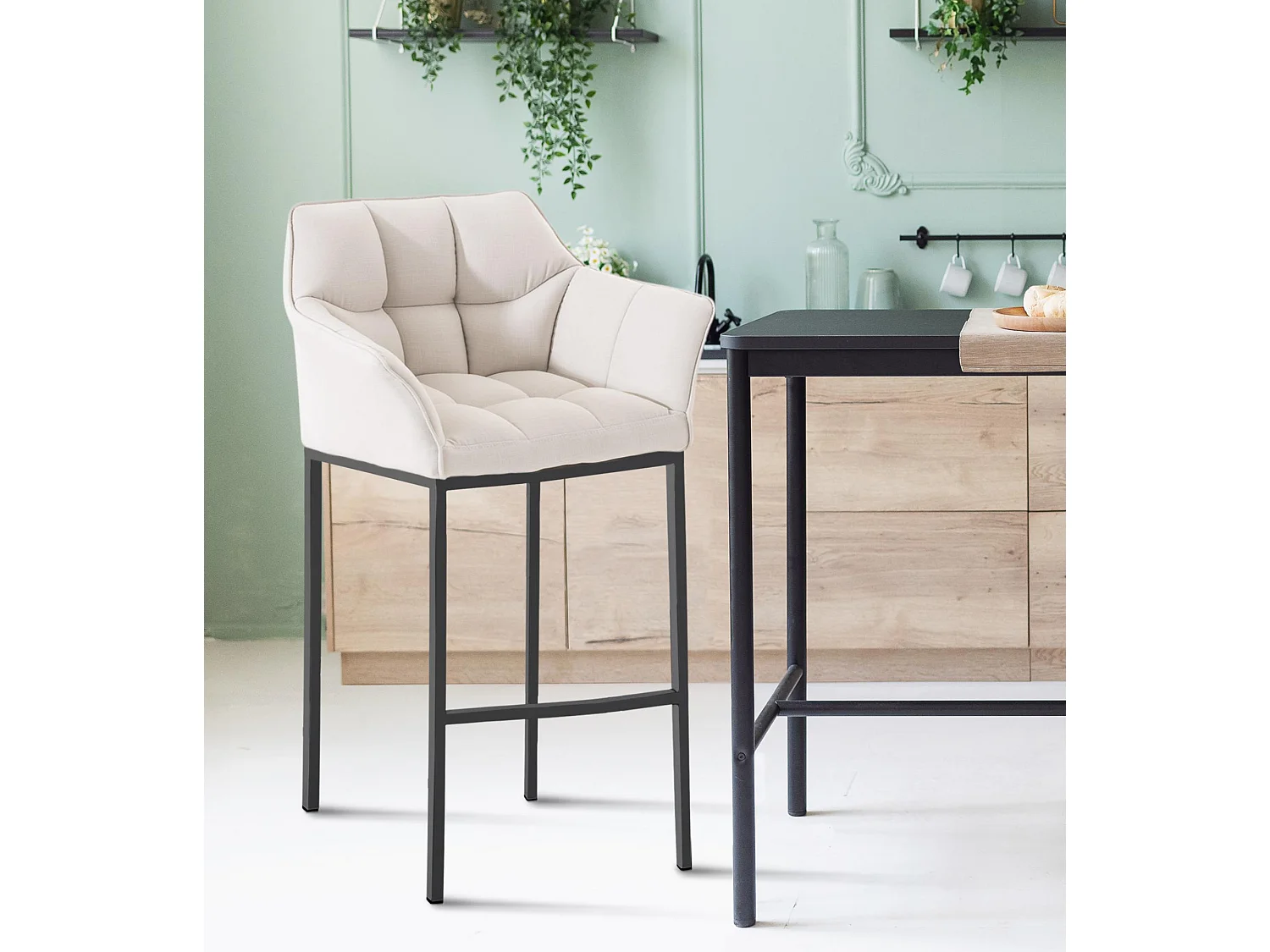 Lot de 2  Tabouret de bar - Tissu & Noir - Blanc - Damaso