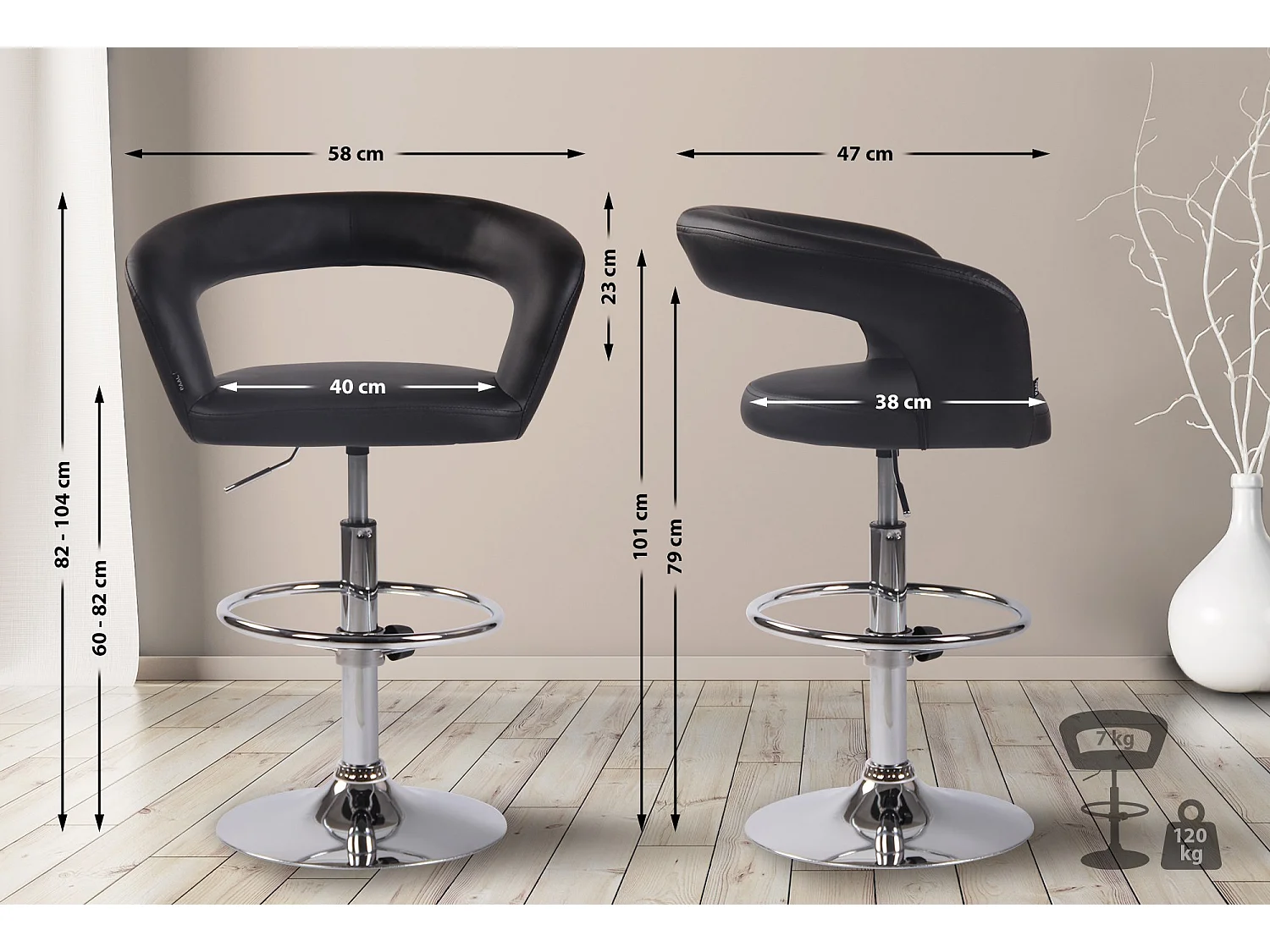 Tabouret de bar - Similicuir - Noir - Jaen