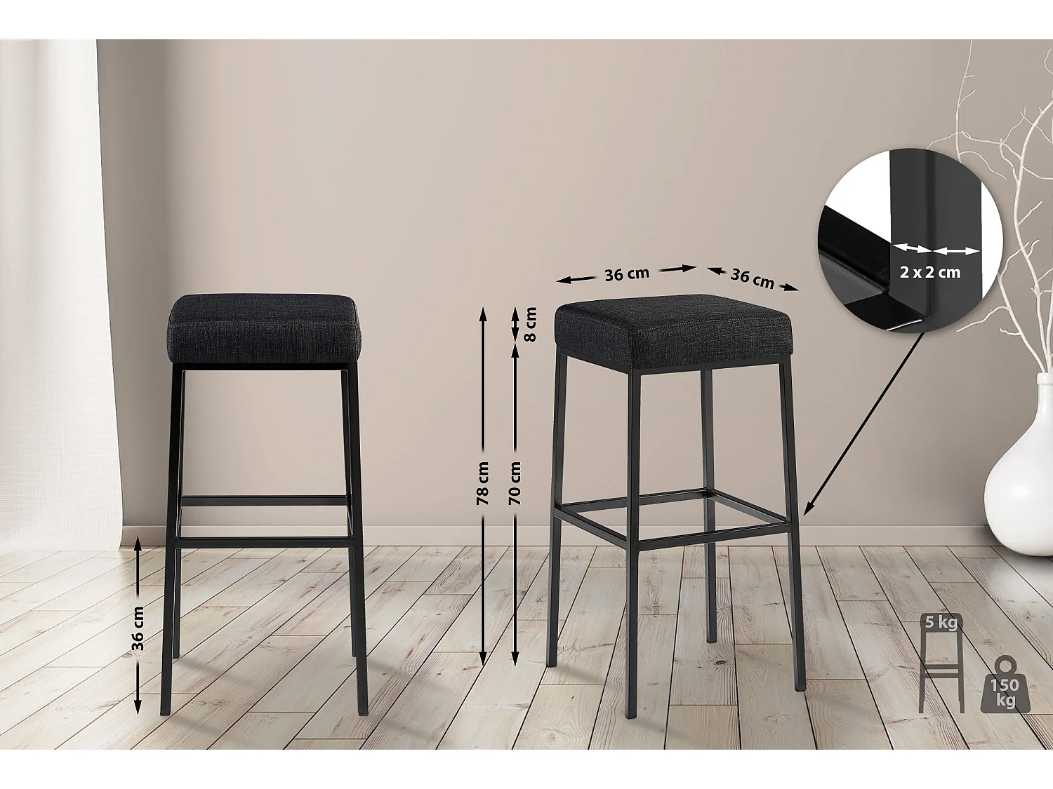 Tabouret de bar - Tissu & Noir - Gris foncé - Montreal 80