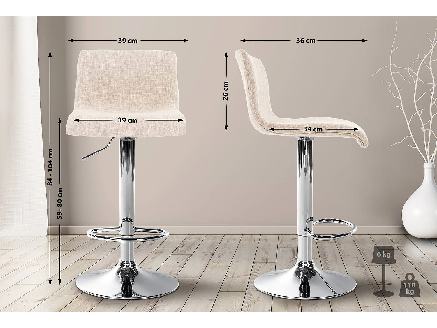 Barkruk - Stof & Metaal in chroomoptiek - creme - Hover