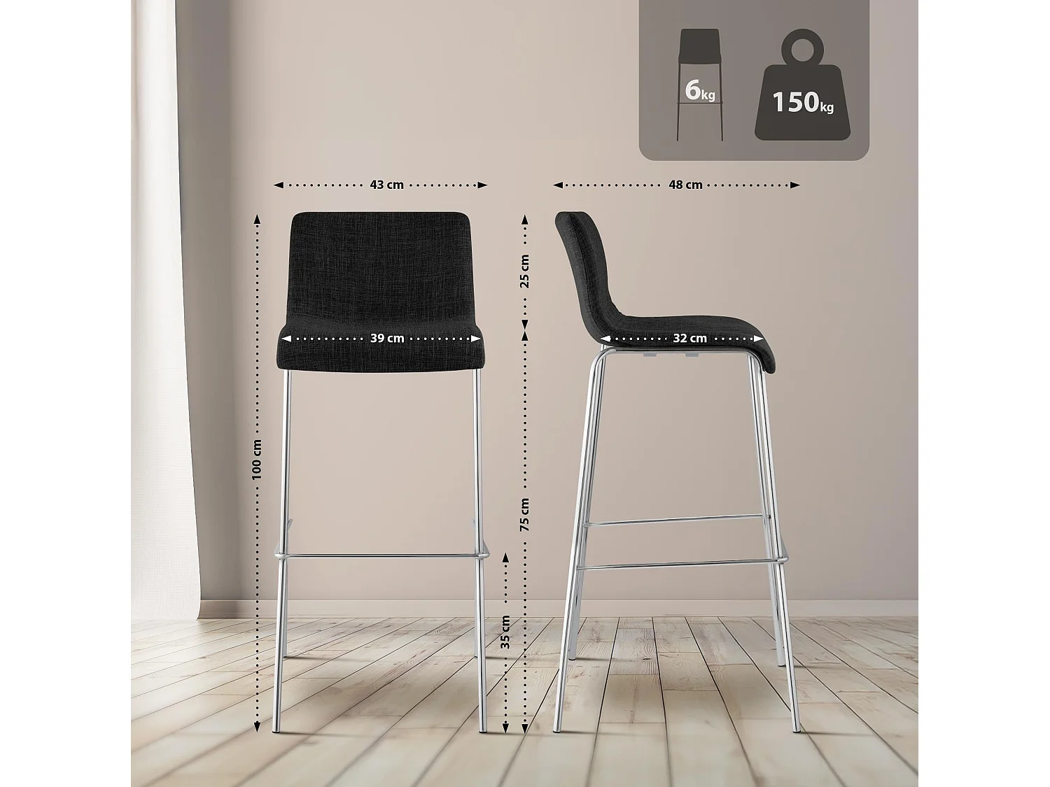 Tabouret de bar - Tissu & Chrome - Gris foncé - Hoover