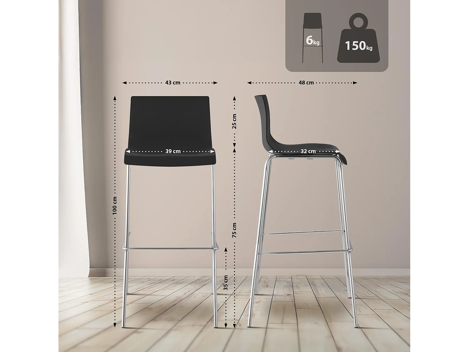 2er Set Barhocker - Kunststoff & chrom - schwarz - Hover
