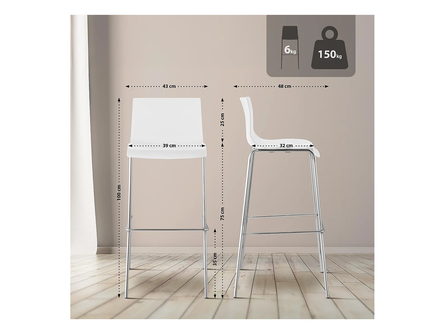 Sgabello da bar - Plastica & cromo - bianco - Hoover