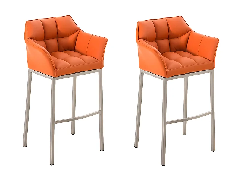 Lot de 2  Tabouret de bar - Similicuir & Acier inoxydable - Orange - DAMASO