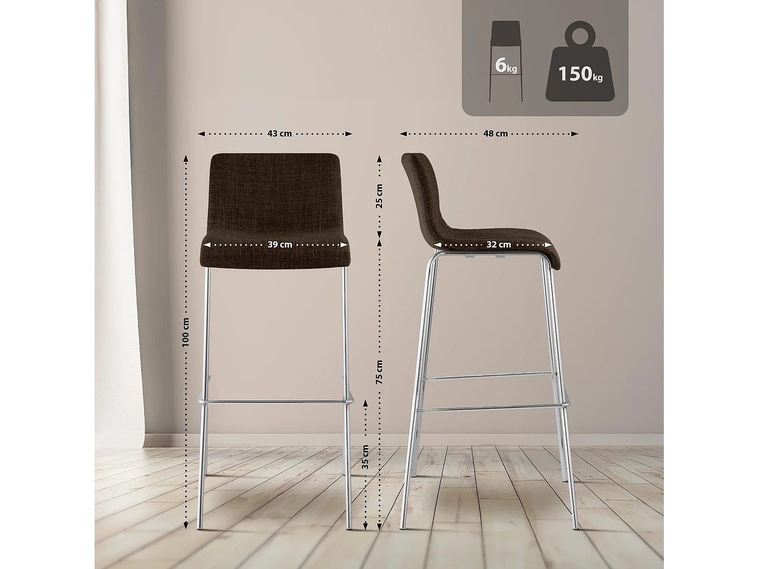 Lot de 2  Tabouret de bar - Tissu & Chrome - Marron - Hover