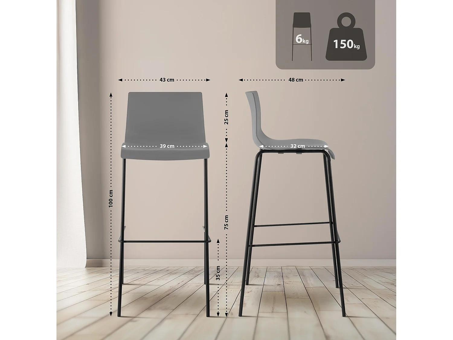 Tabouret de bar - Plastique & Noir - Gris - Hoover