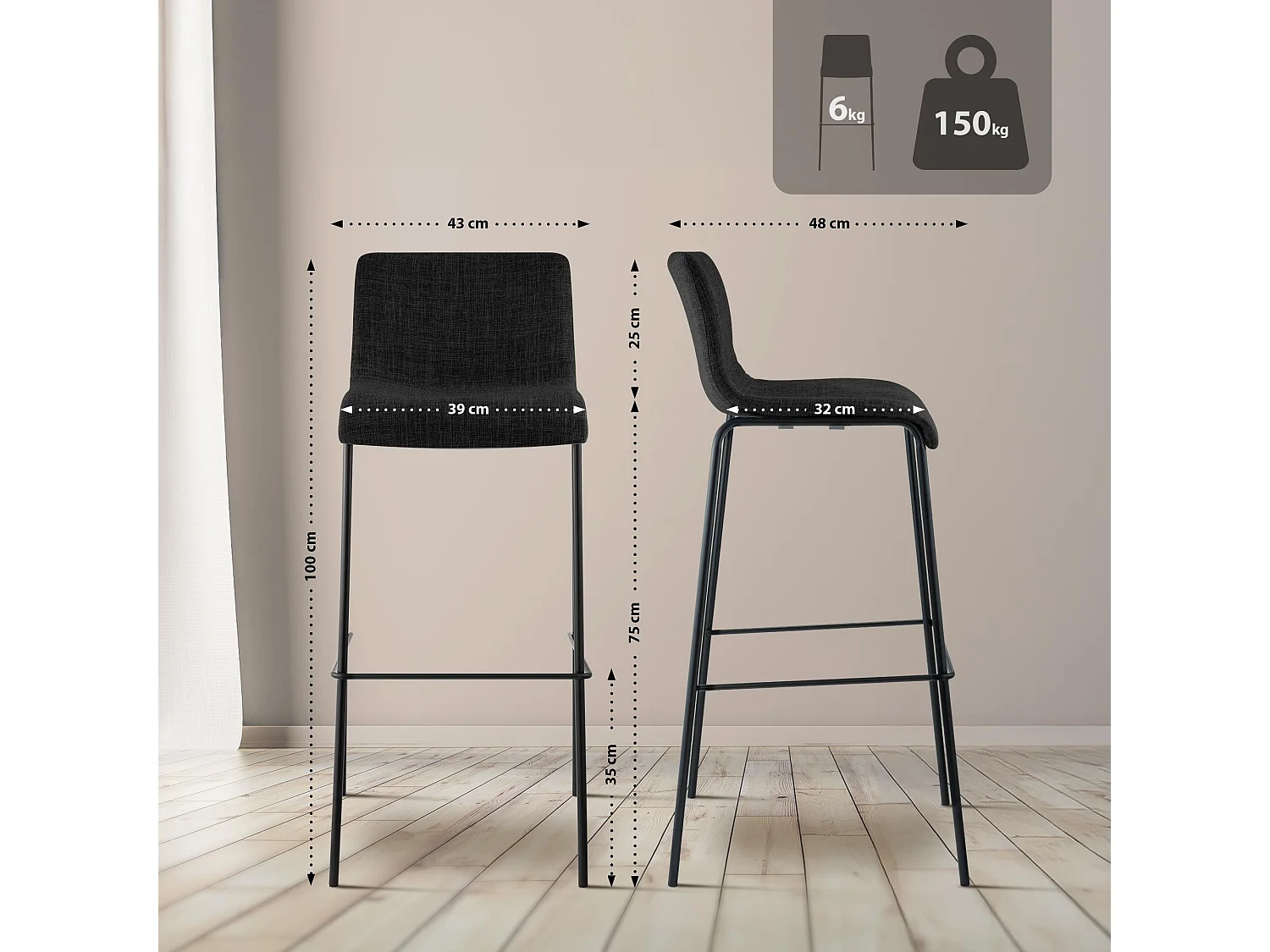 Lot de 2  Tabouret de bar - Tissu & Noir - Gris foncé - Hover