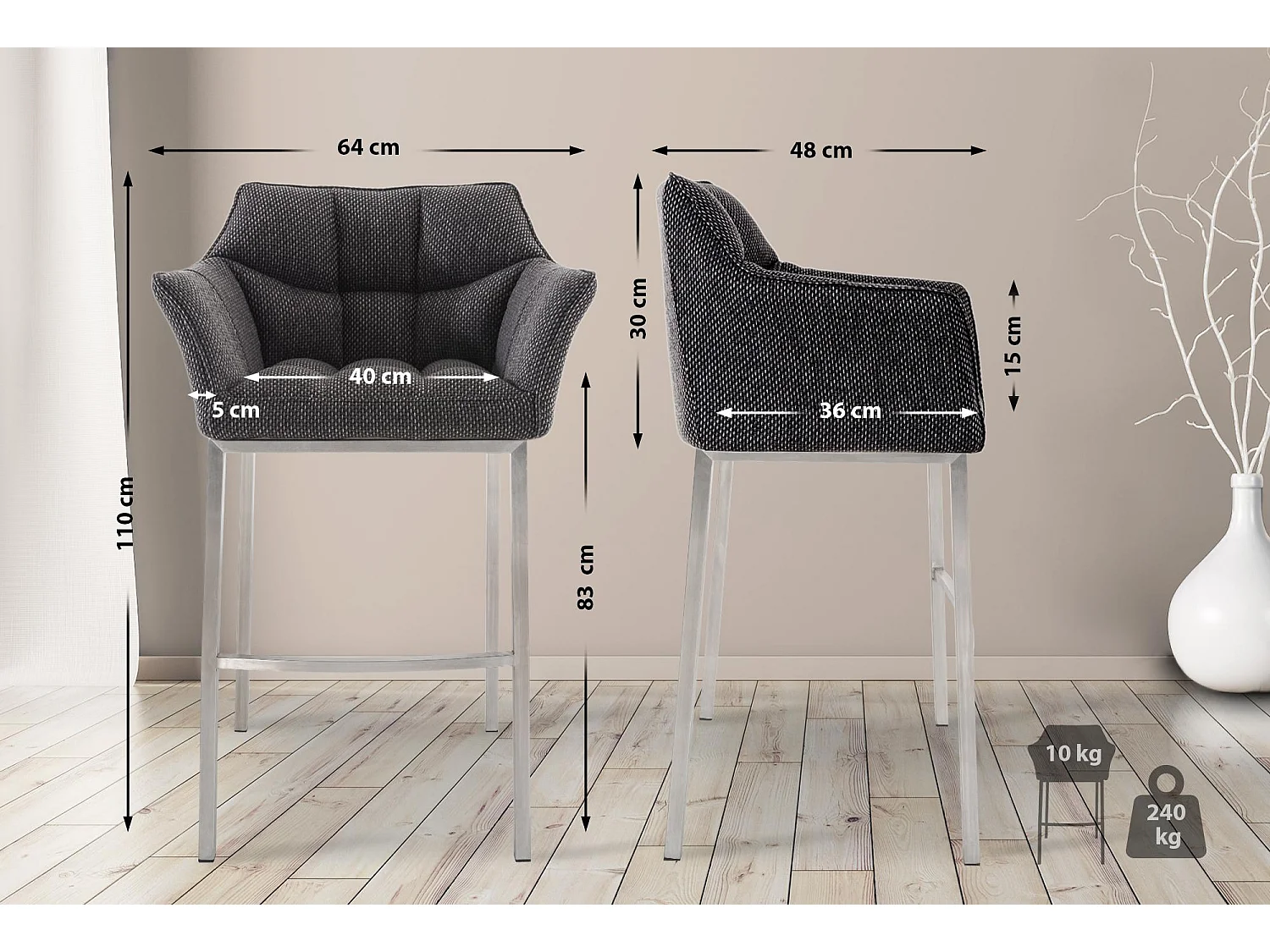 Lot de 2  Tabouret de bar - Tissu & Acier inoxydable - Gris titane - Damaso