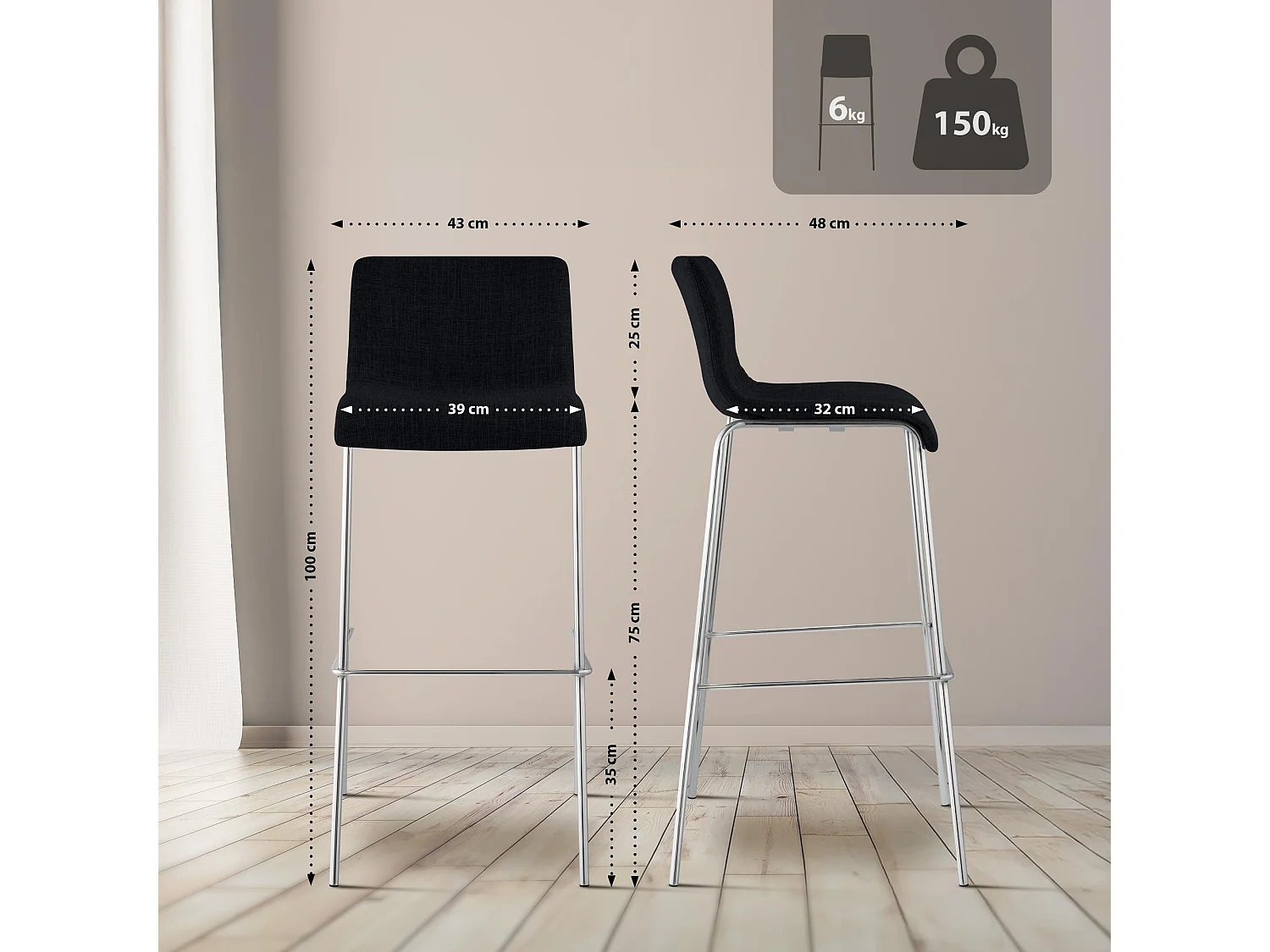 Lot de 2  Tabouret de bar - Tissu & Chrome - Noir - Hover