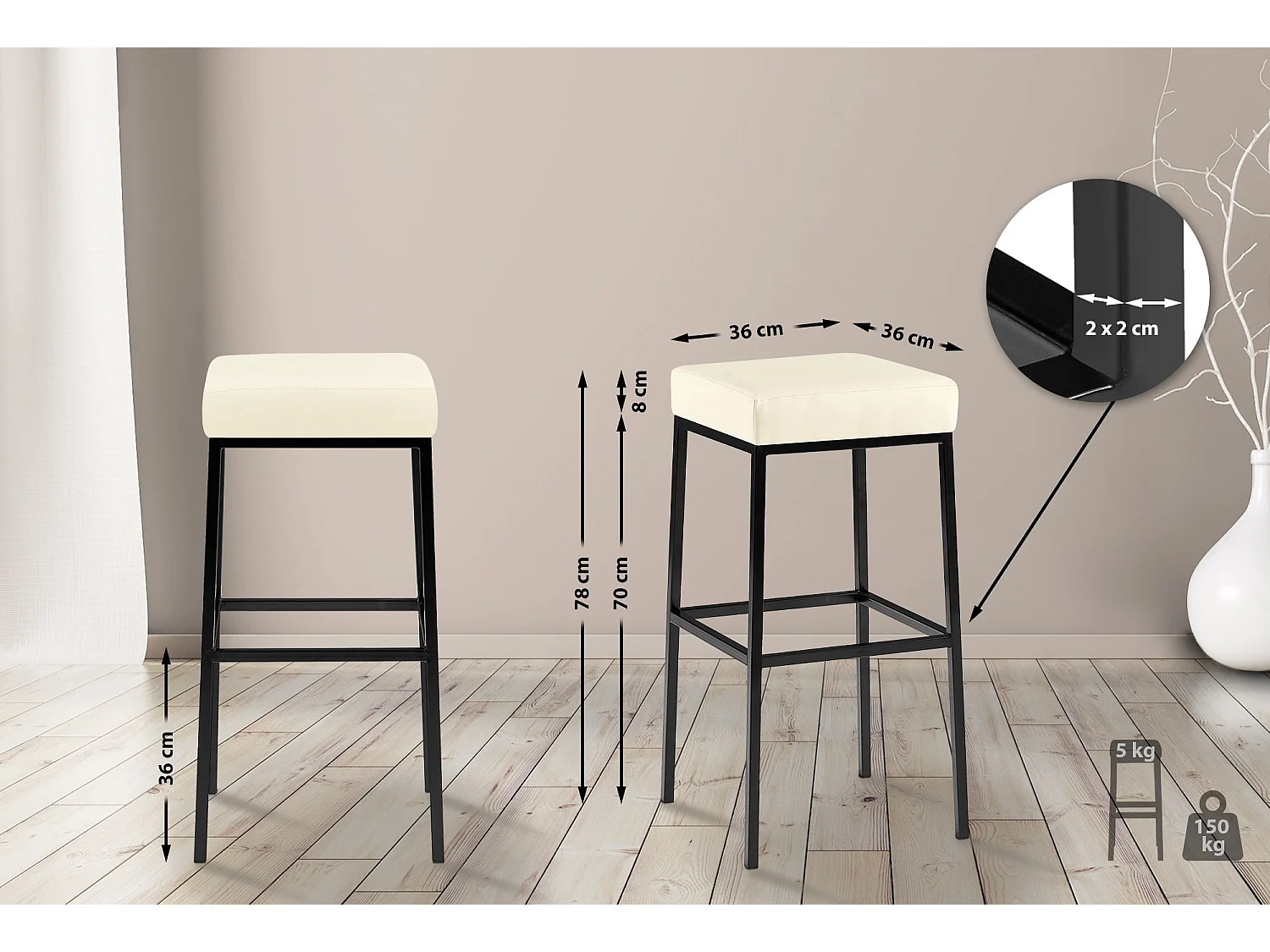 Tabouret de bar - Similicuir & Noir - Crème - Montreal 80