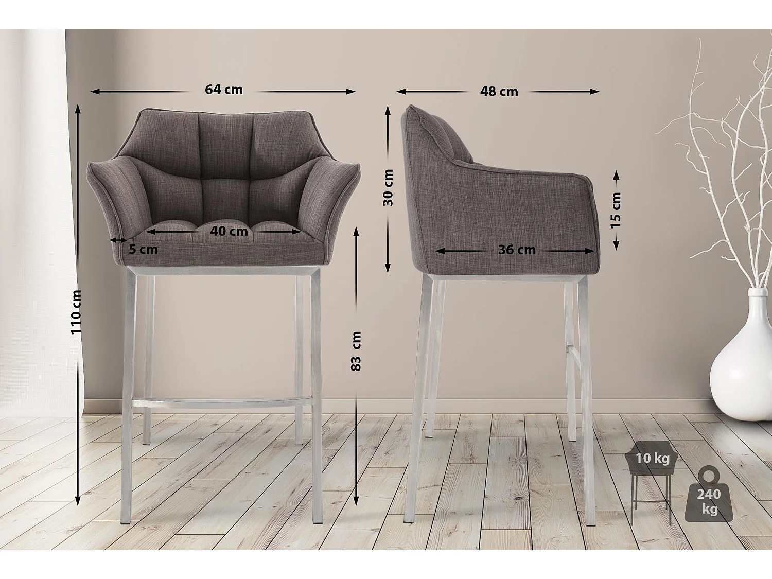 Lot de 2  Tabouret de bar - Tissu & Acier inoxydable - Gris - Damaso